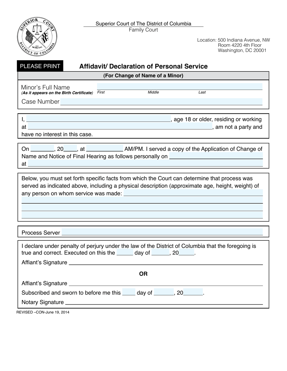 Washington D C Application For Change Of Name Of A Minor Fill Out