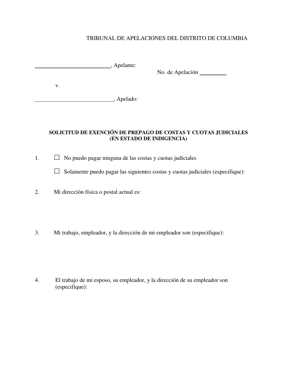 Washington D C Solicitud De Exencion De Prepago De Costas Y Cuotas