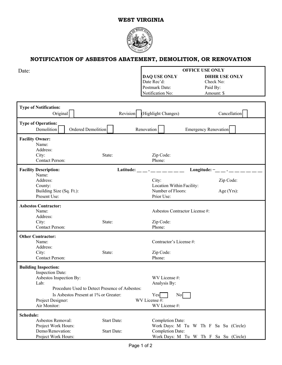 West Virginia Notification Of Asbestos Abatement Demolition Or