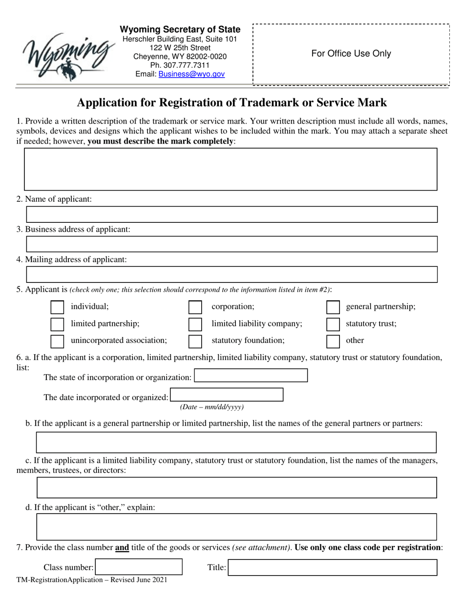 Wyoming Application For Registration Of Trademark Or Service Mark