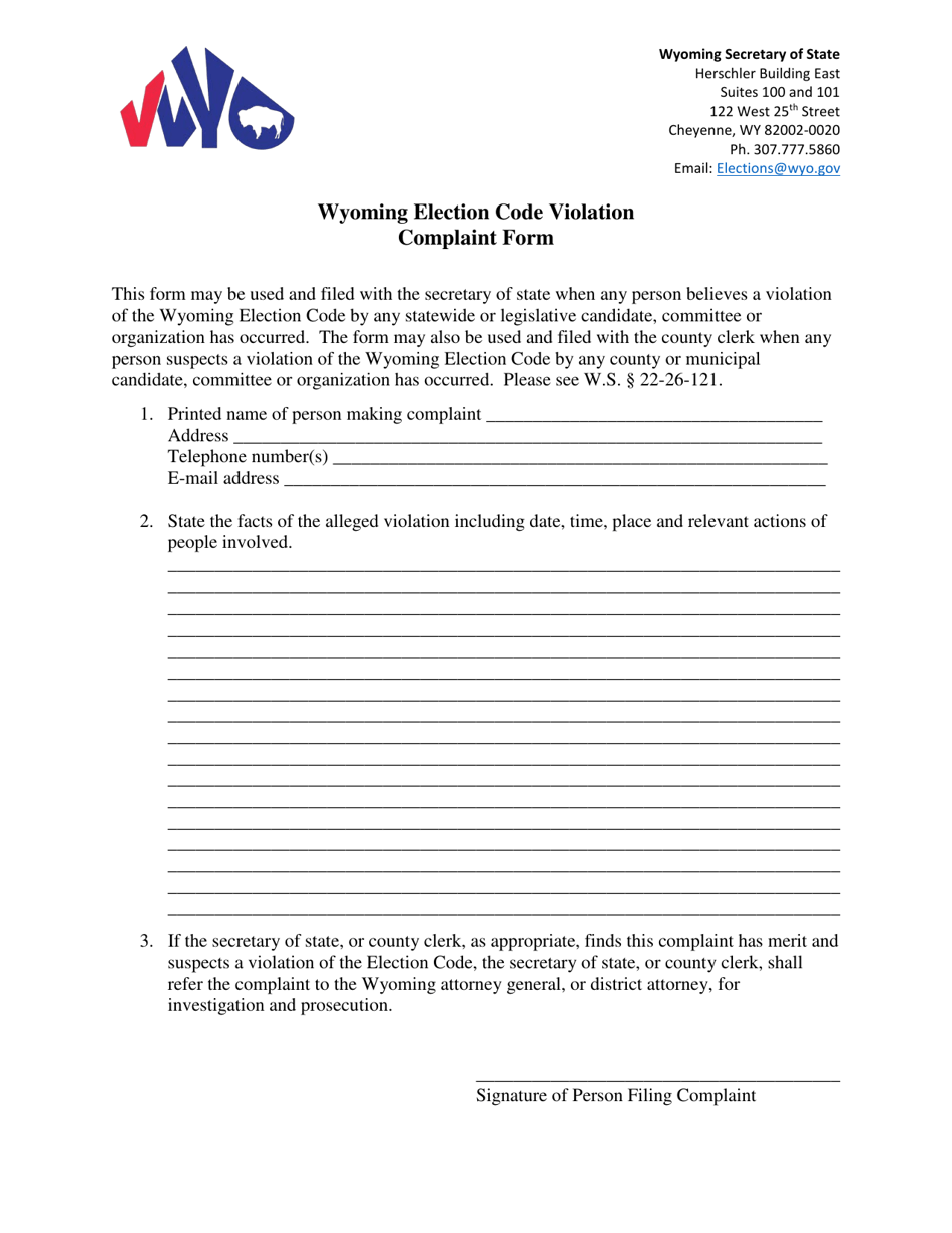 Wyoming Wyoming Election Code Violation Complaint Form Fill Out Sign