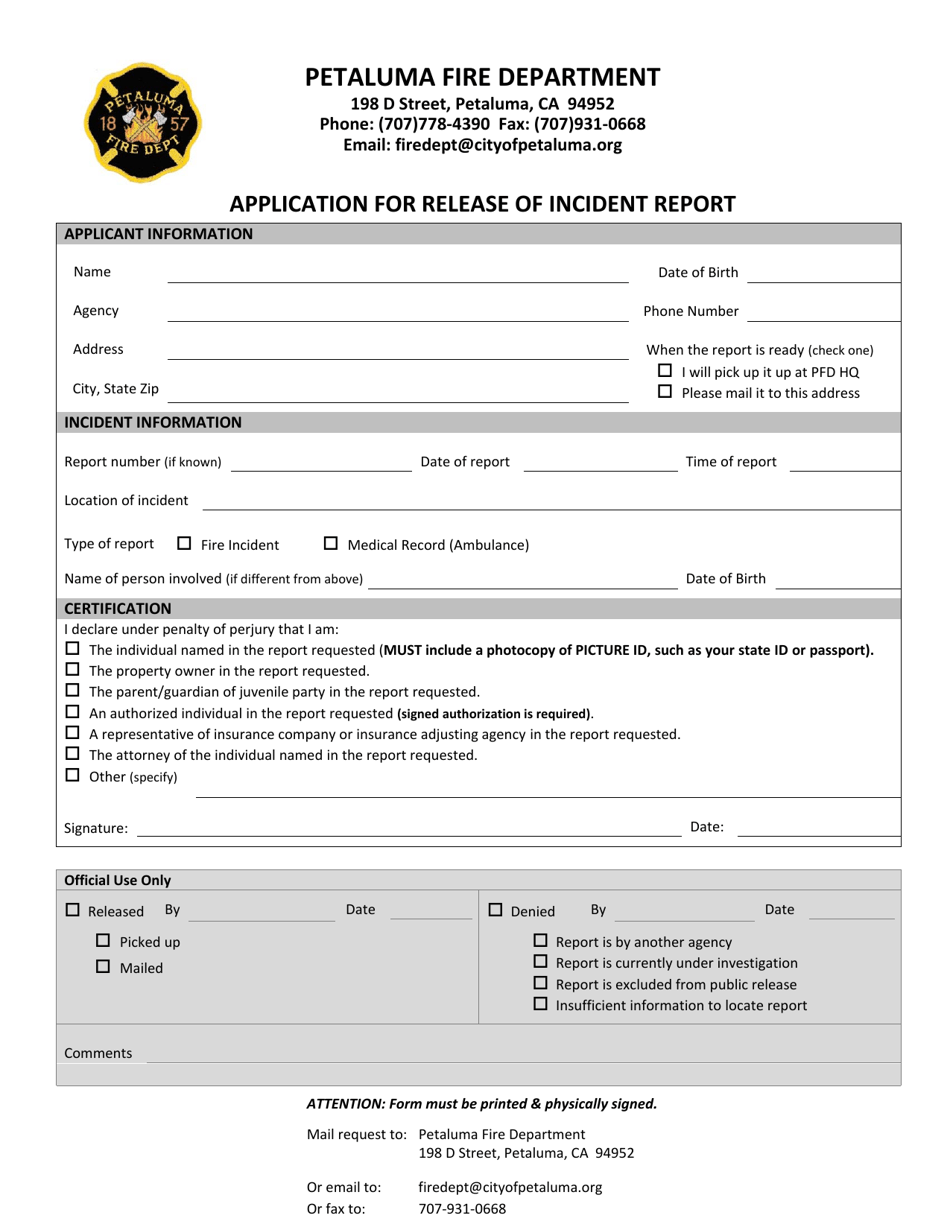 City Of Petaluma California Application For Release Of Incident Report