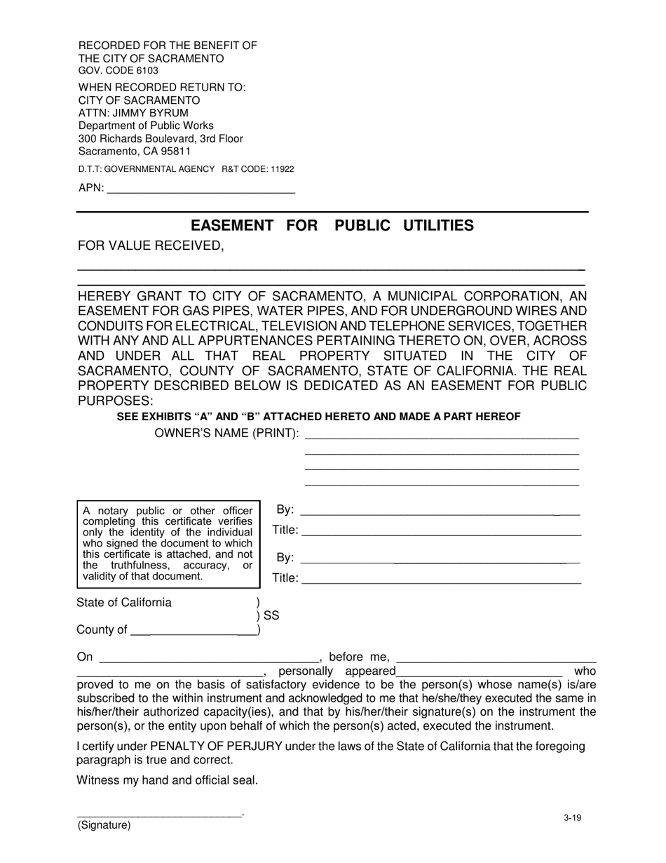 City Of Sacramento California Easement For Public Utilities With Water