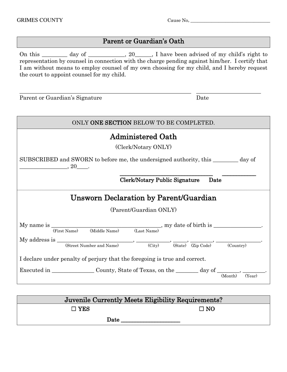 Grimes County Texas Juvenile Affidavit Of Indigence Fill Out Sign