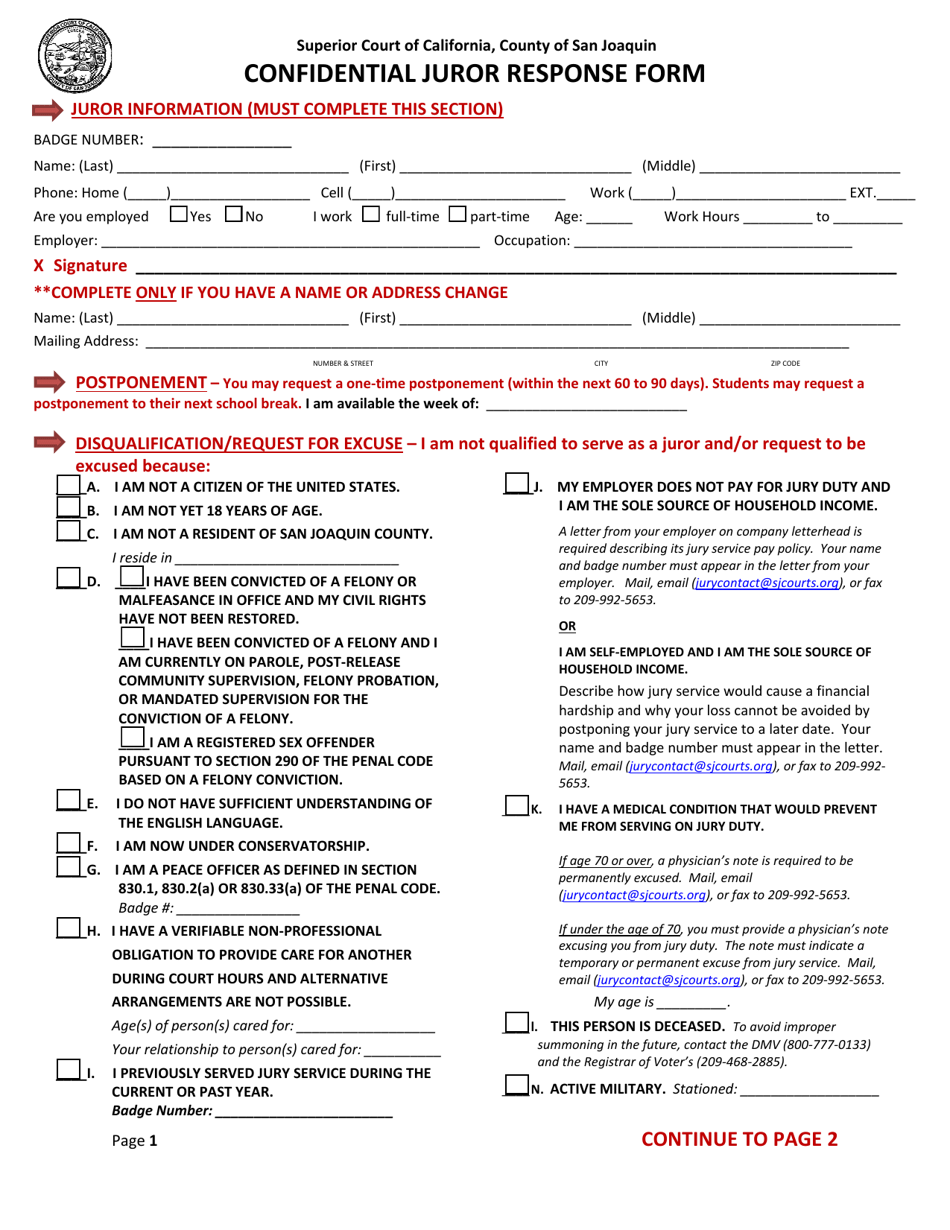 County Of San Joaquin California Confidential Juror Response Form