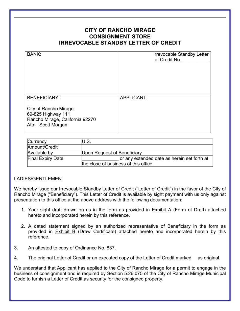 City Of Rancho Mirage California Consignment Store Permit Application