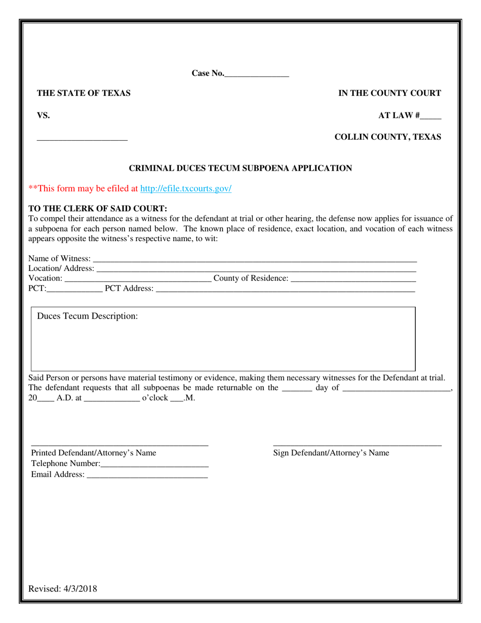 Collin County Texas Criminal Duces Tecum Subpoena Application Fill Out Sign Online And