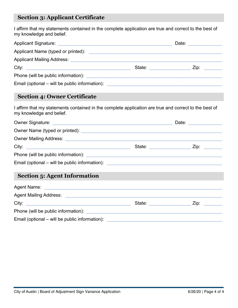 City Of Austin Texas Board Of Adjustment Sign Variance Application