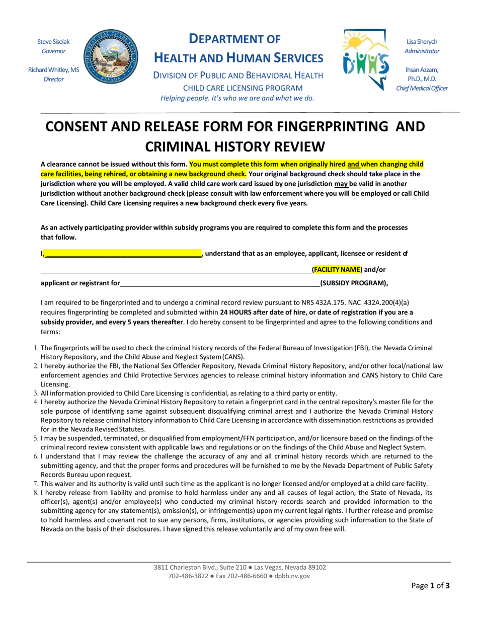 Nevada Consent And Release Form For Fingerprinting And Criminal History