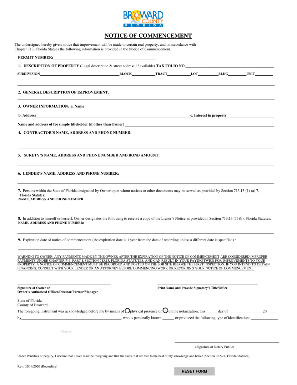 Broward County Florida Notice Of Commencement Fill Out Sign Online