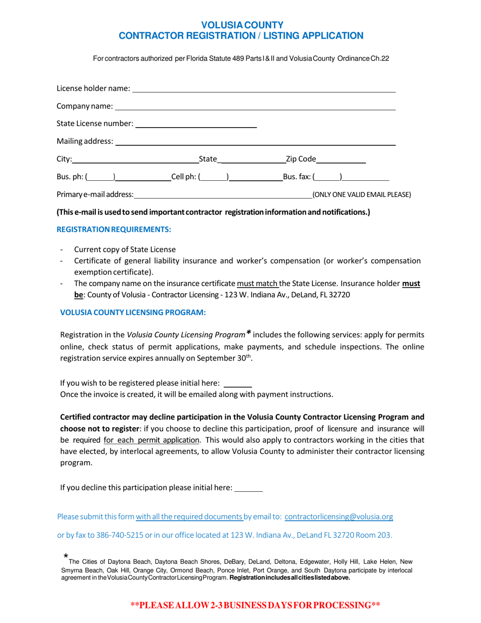 Volusia County Florida Contractor Registration Listing Application