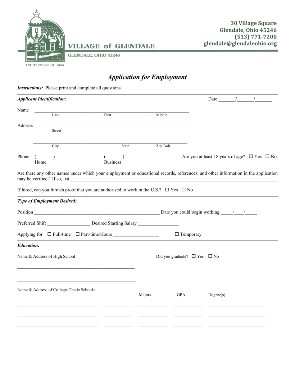 Village Of Glendale Ohio Application For Employment Fill Out Sign