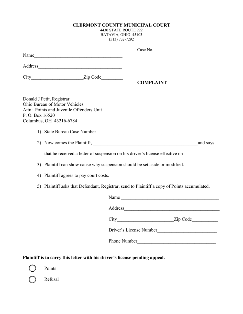 Village Of Batavia Ohio Bmv Points Appeal Complaint Fill Out Sign