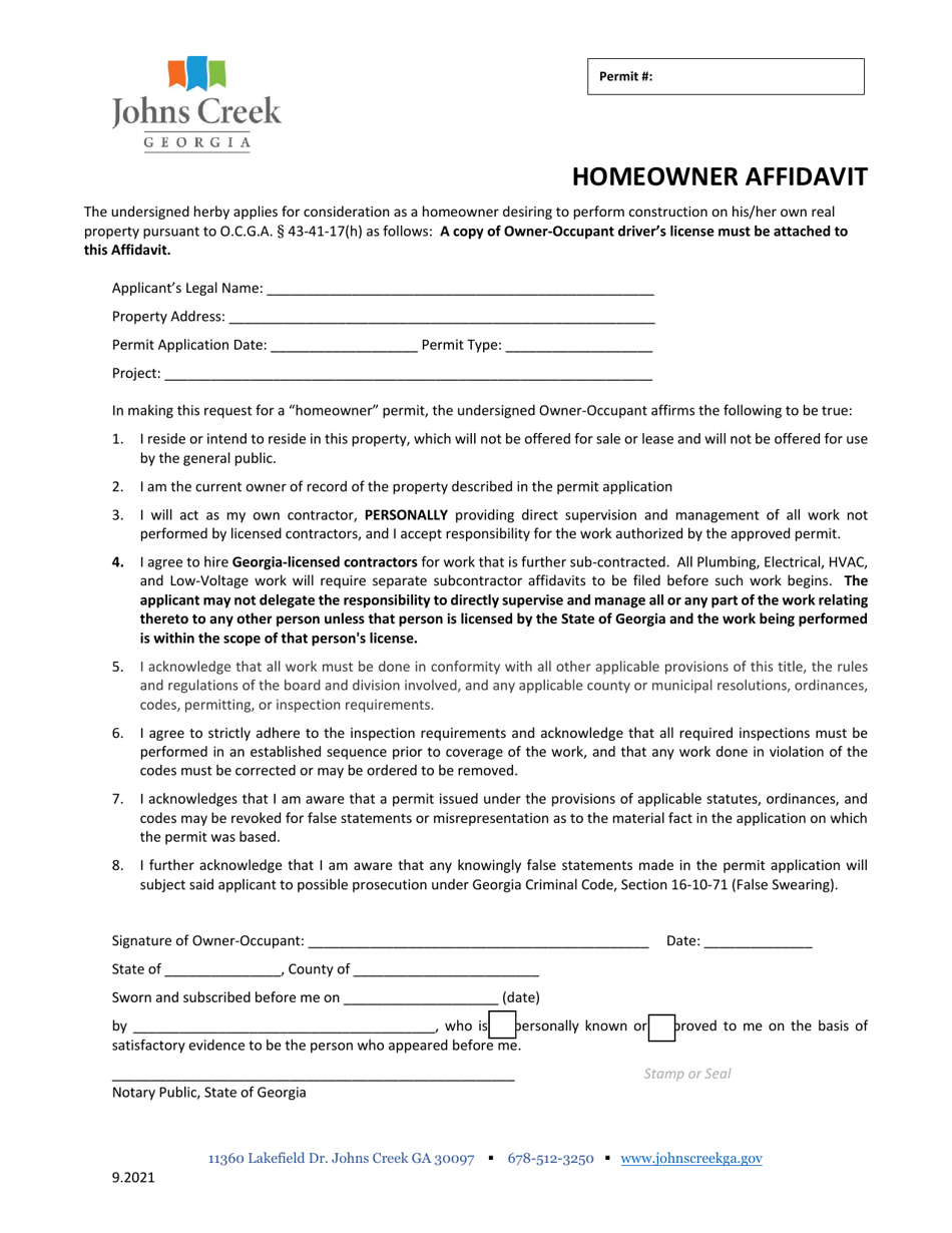 City Of Johns Creek Georgia United States Homeowner Affidavit Fill