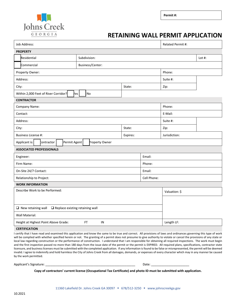 City Of Johns Creek Georgia United States Retaining Wall Permit