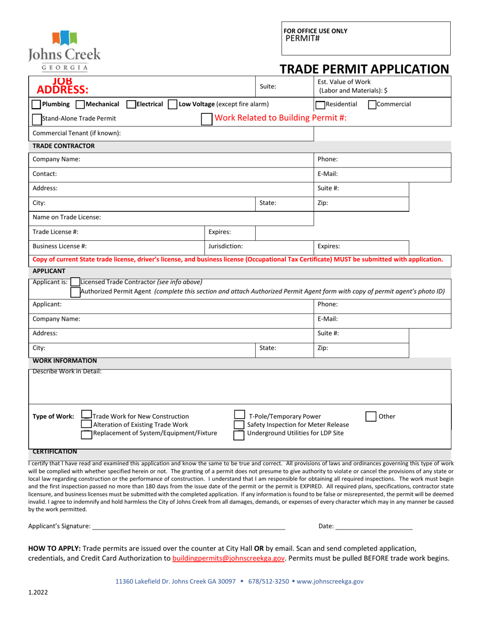 City Of Johns Creek Georgia United States Trade Permit Application