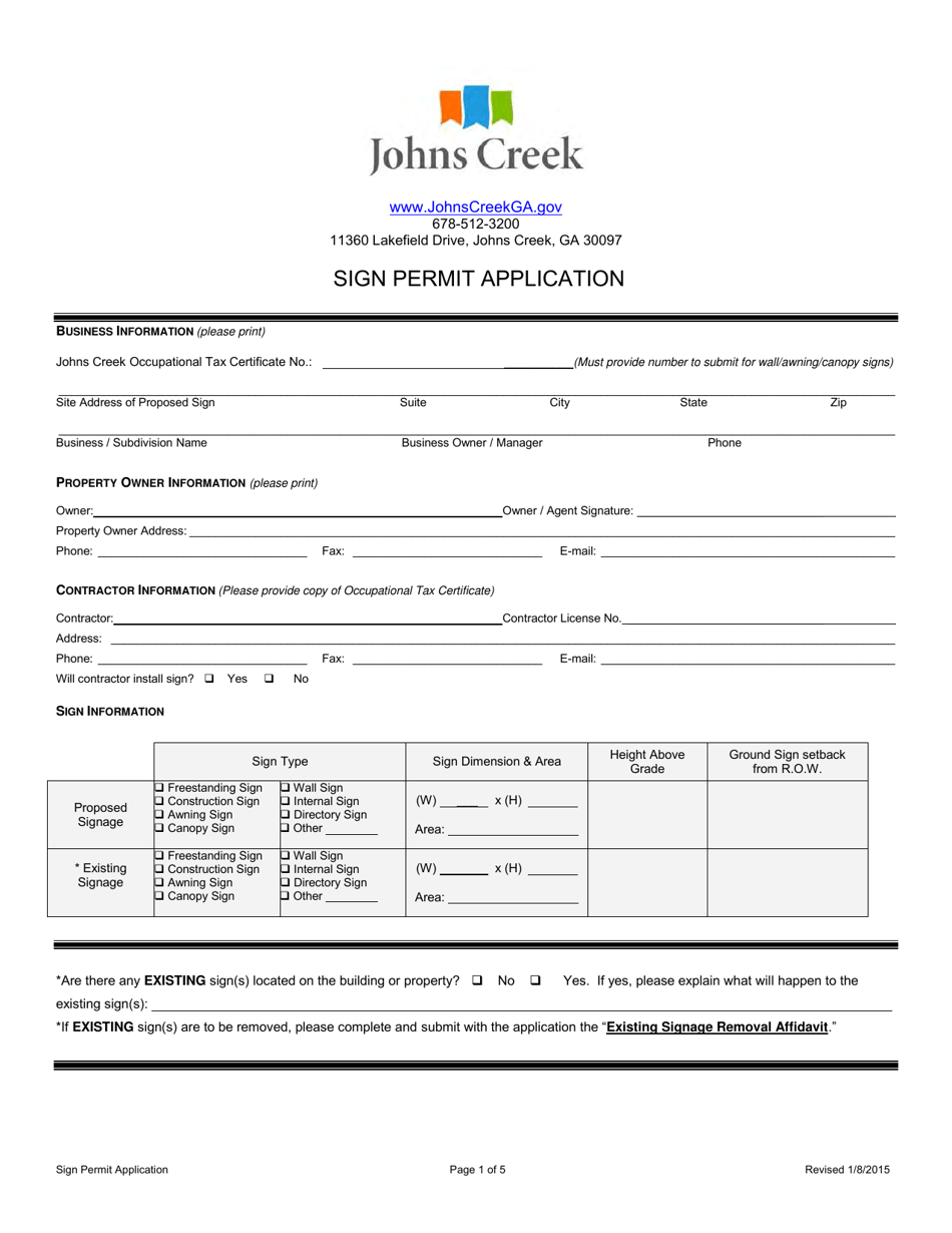 City Of Johns Creek Georgia United States Sign Permit Application