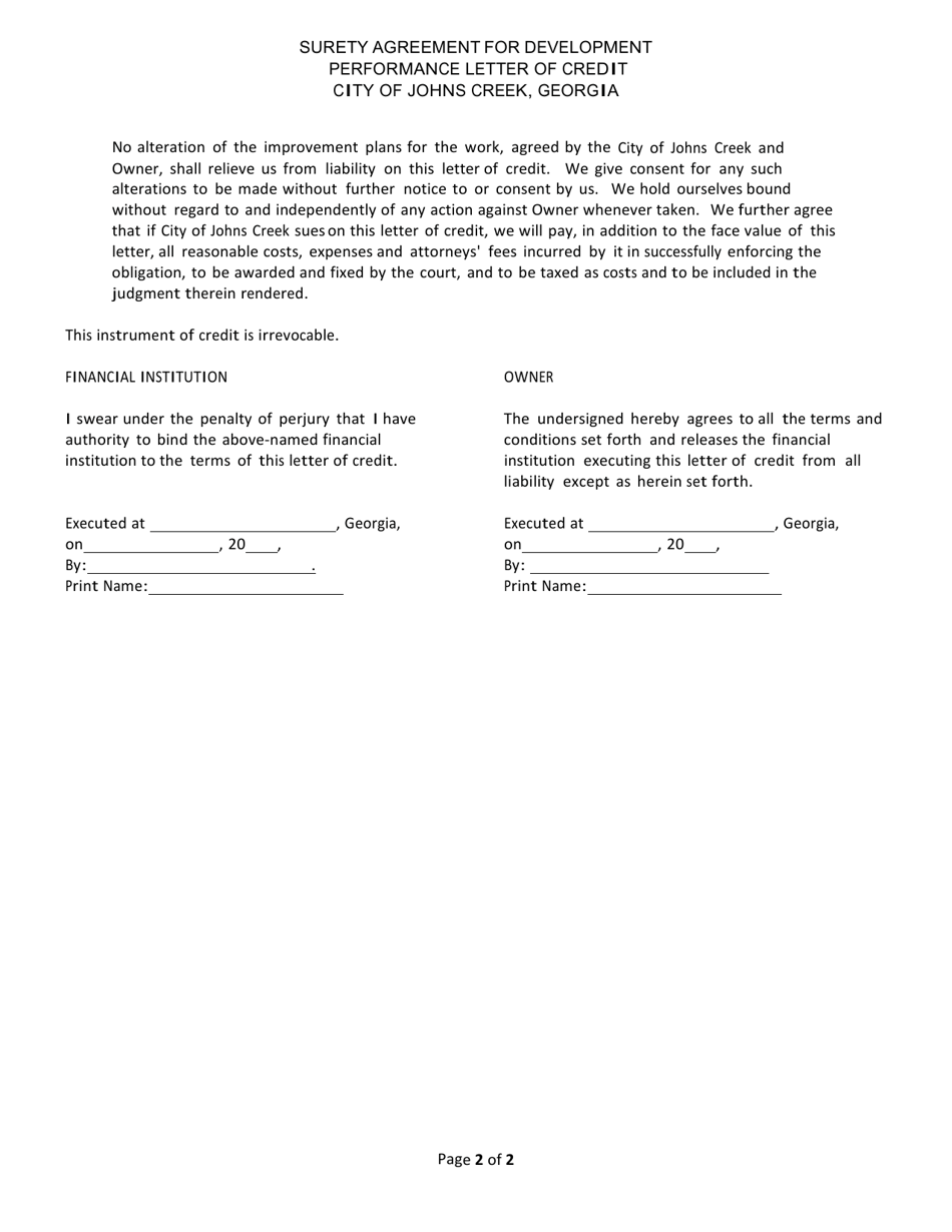 City Of Johns Creek Georgia United States Surety Performance Letter