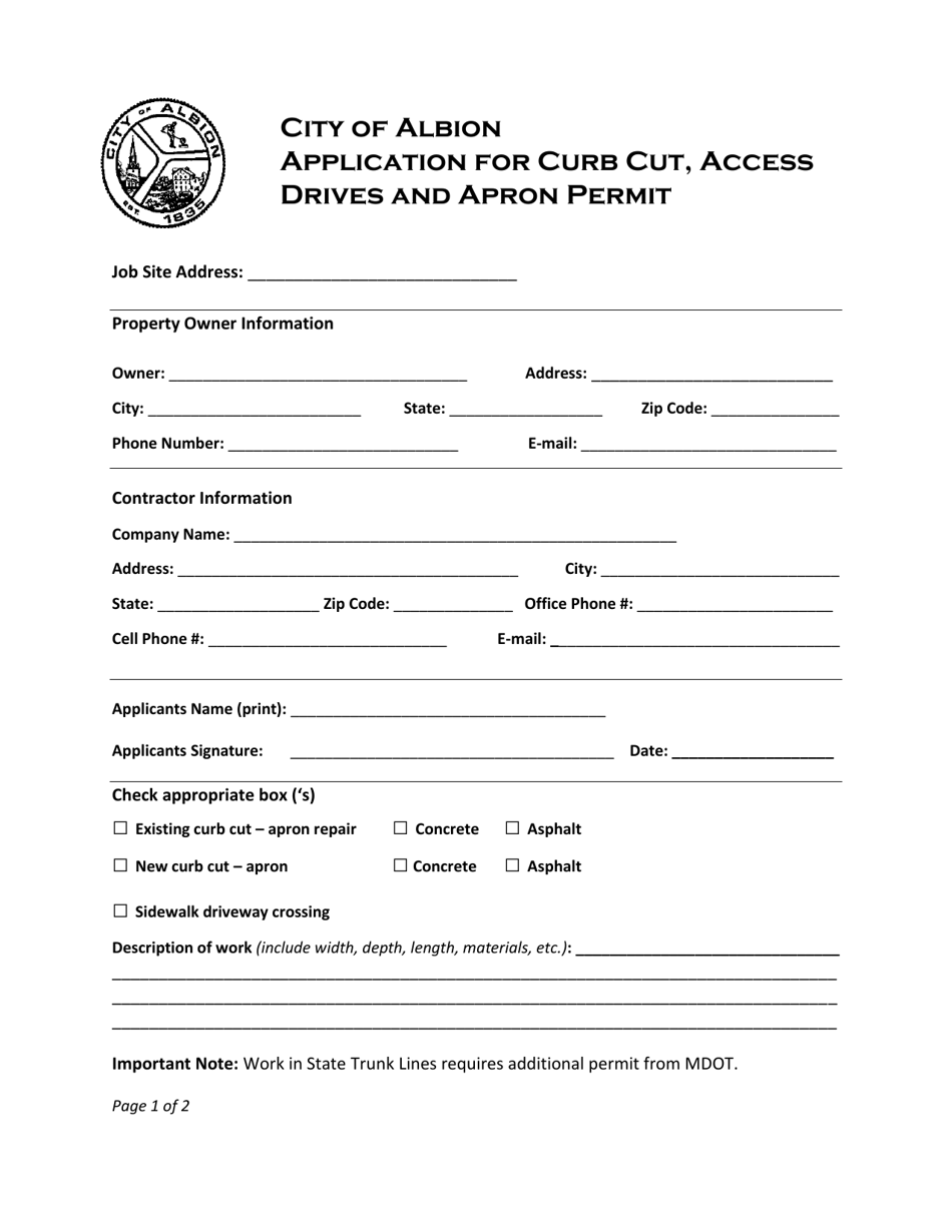 City Of Albion Michigan Application For Curb Cut Access Drives And