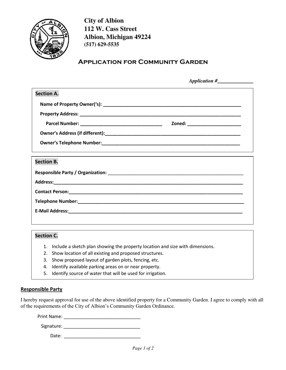 City Of Albion Michigan Application For Community Garden Fill Out