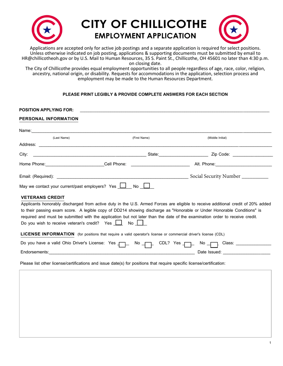 City Of Chillicothe Ohio Employment Application Fill Out Sign