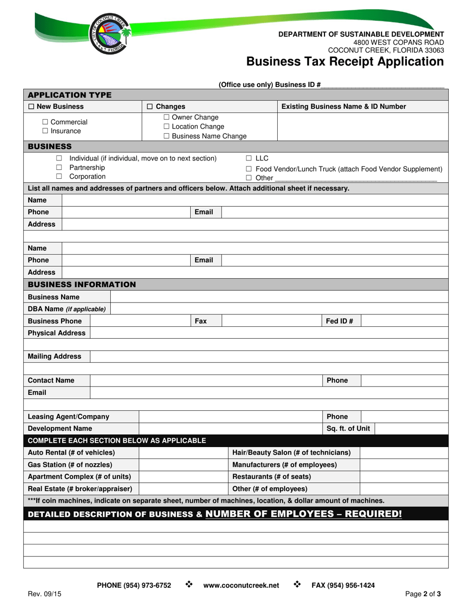 City Of Coconut Creek Florida Business Tax Receipt Application Fill