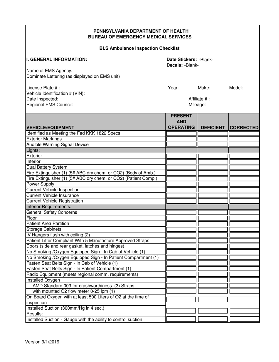 City Of Philadelphia Pennsylvania Bls Ambulance Inspection Checklist