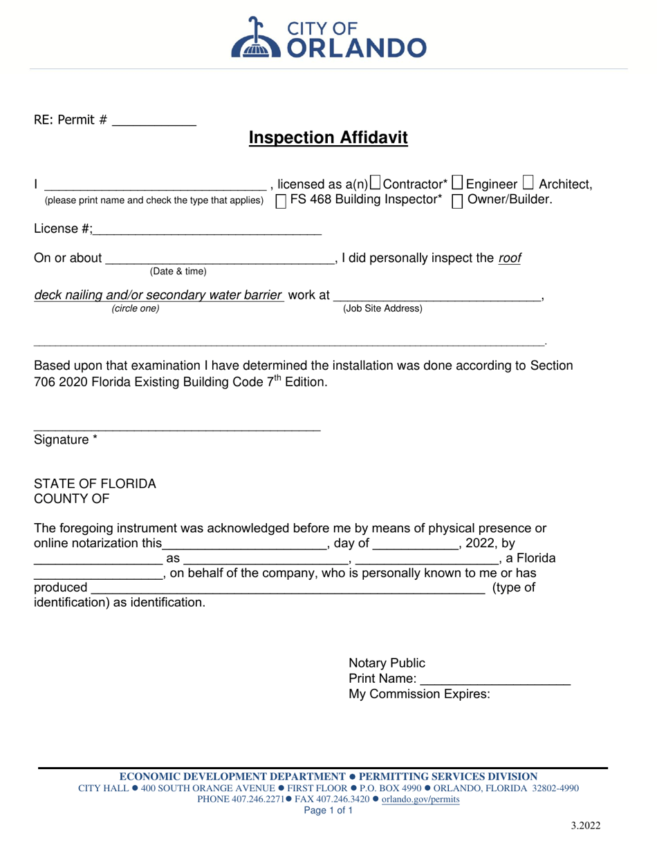 City Of Orlando Florida Inspection Affidavit Fill Out Sign Online