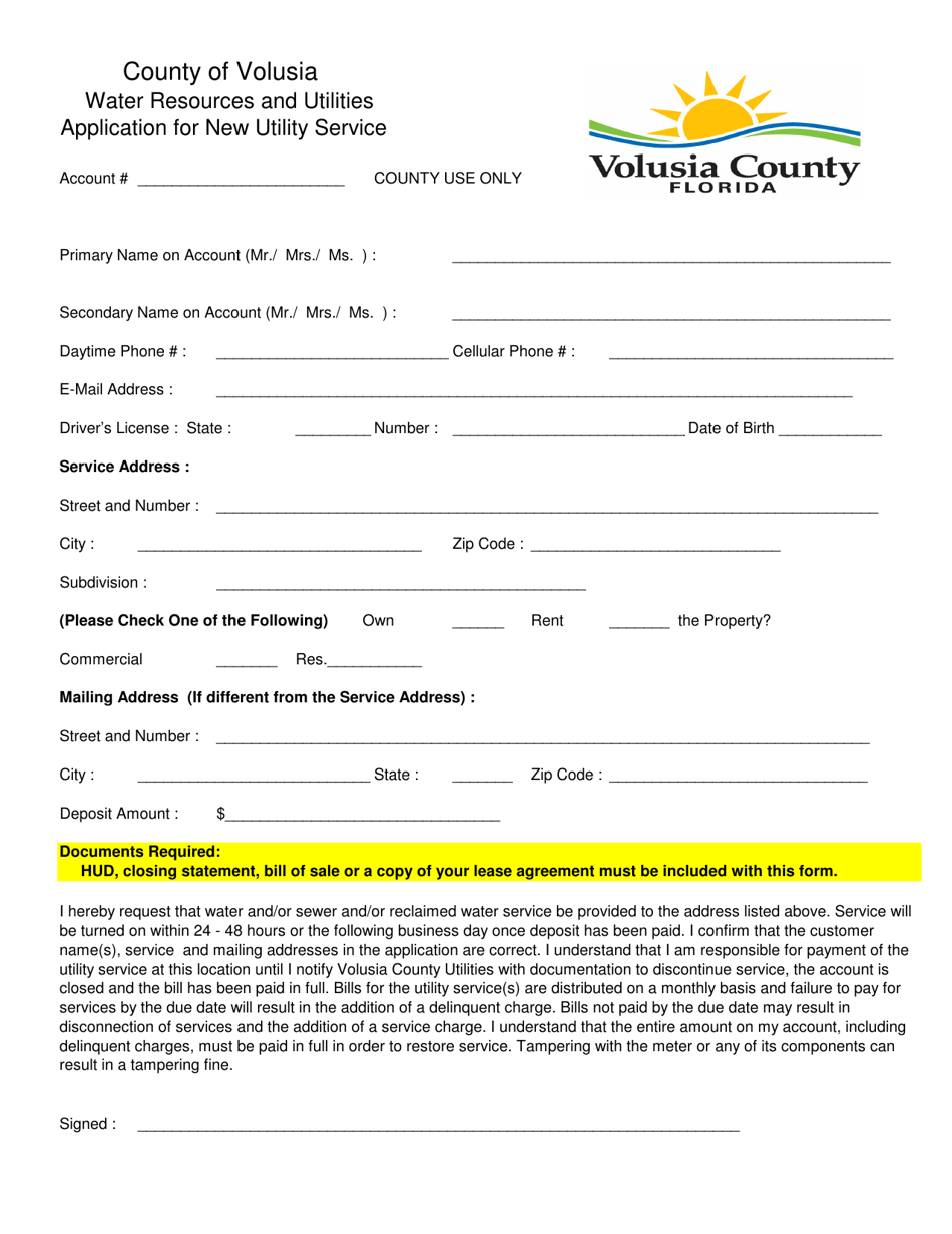 County Of Volusia Florida Application For New Utility Service Fill