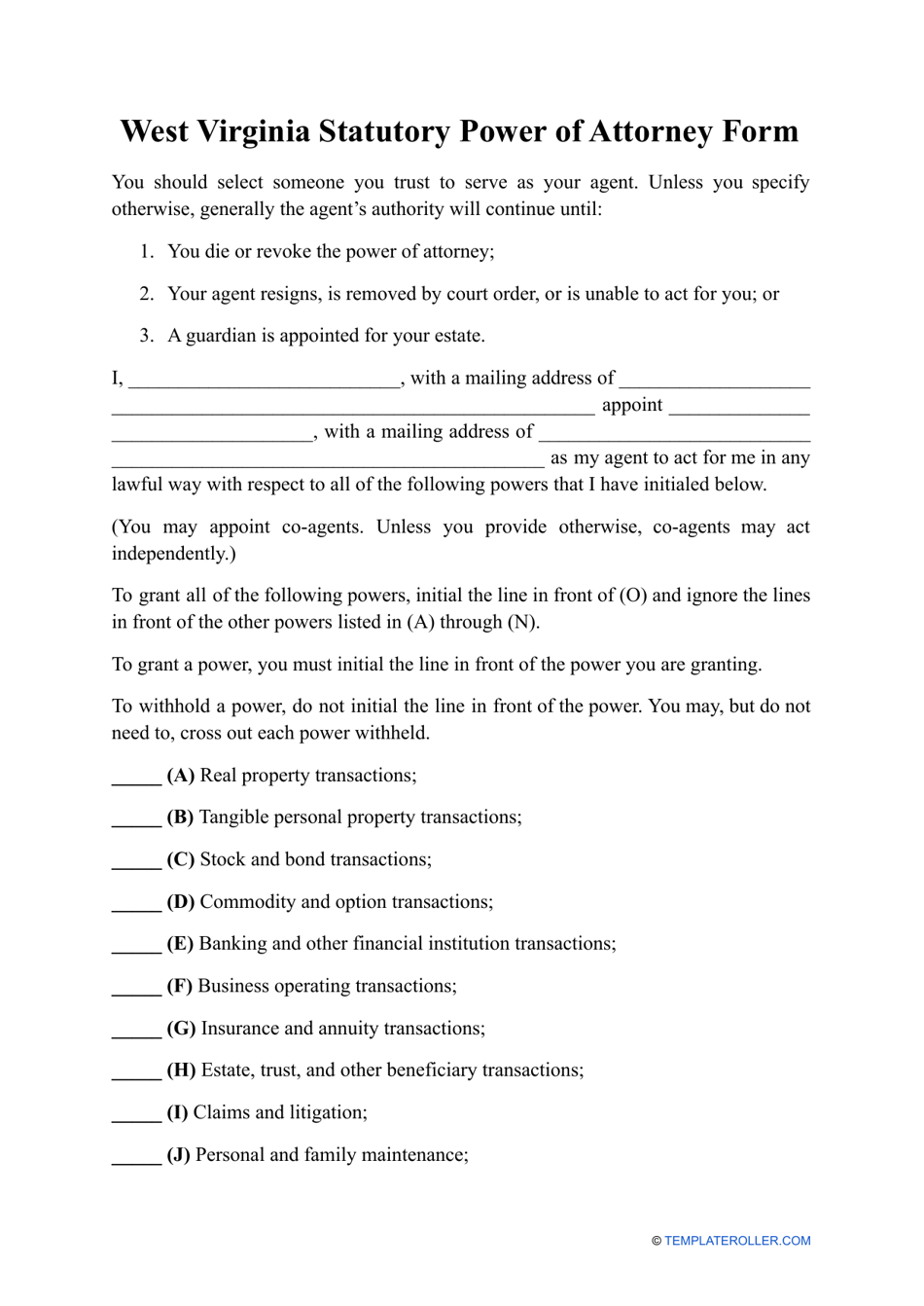 West Virginia Statutory Power Of Attorney Form Fill Out Sign Online