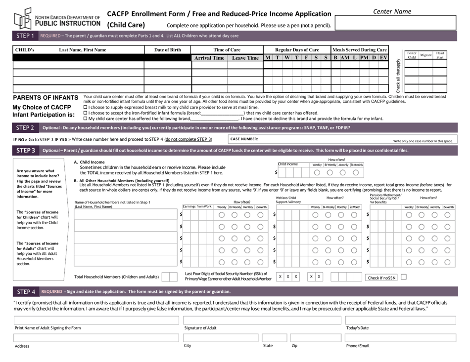 North Dakota CACFP Enrollment Form Free And Reduced Price Income