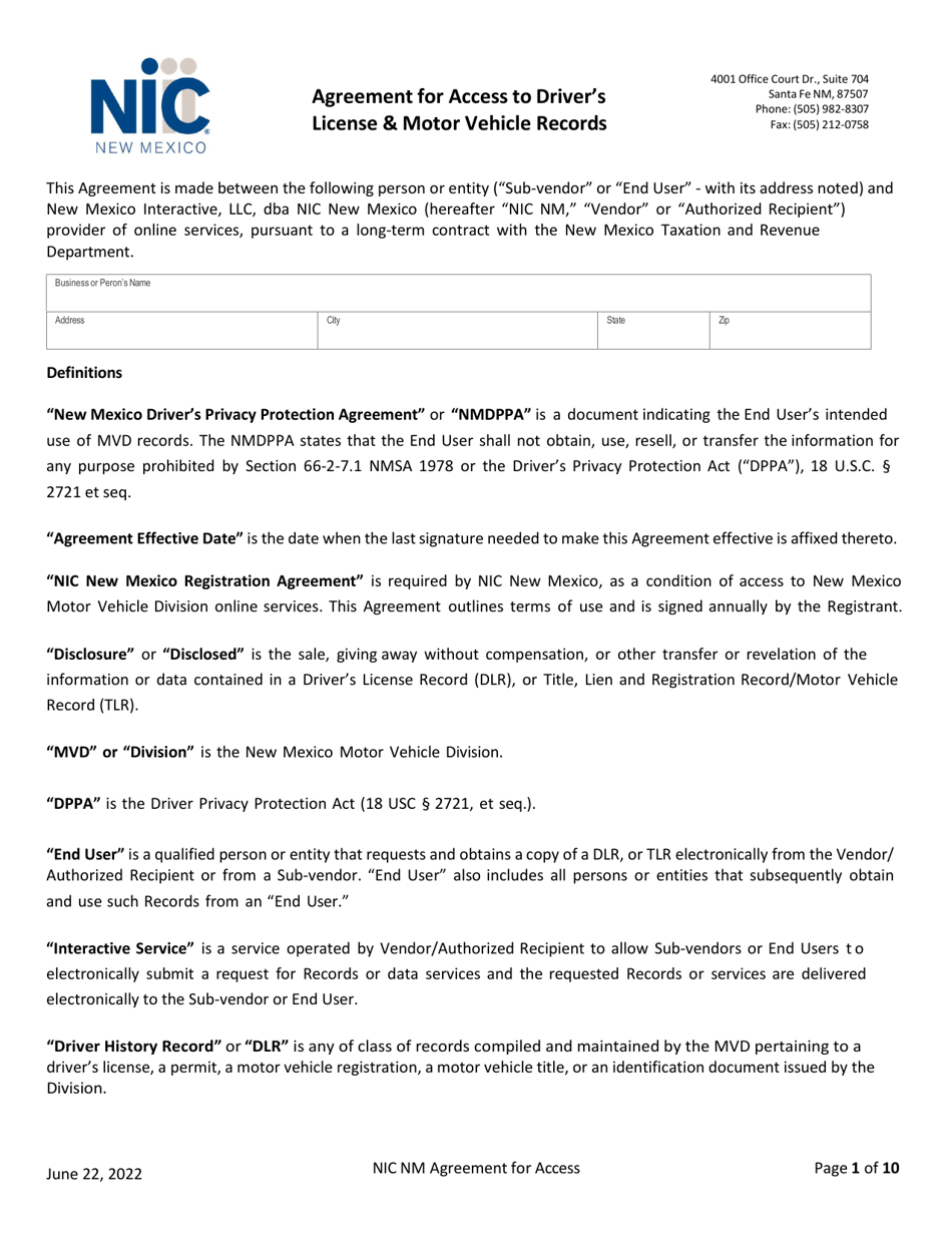 New Mexico Agreement For Access To Driver S License Motor Vehicle