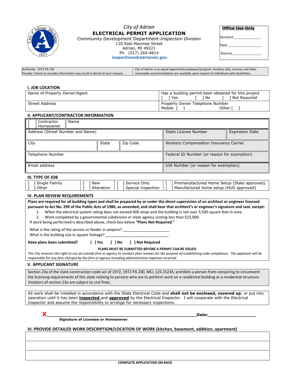 City Of Adrian Michigan Electrical Permit Application Fill Out Sign