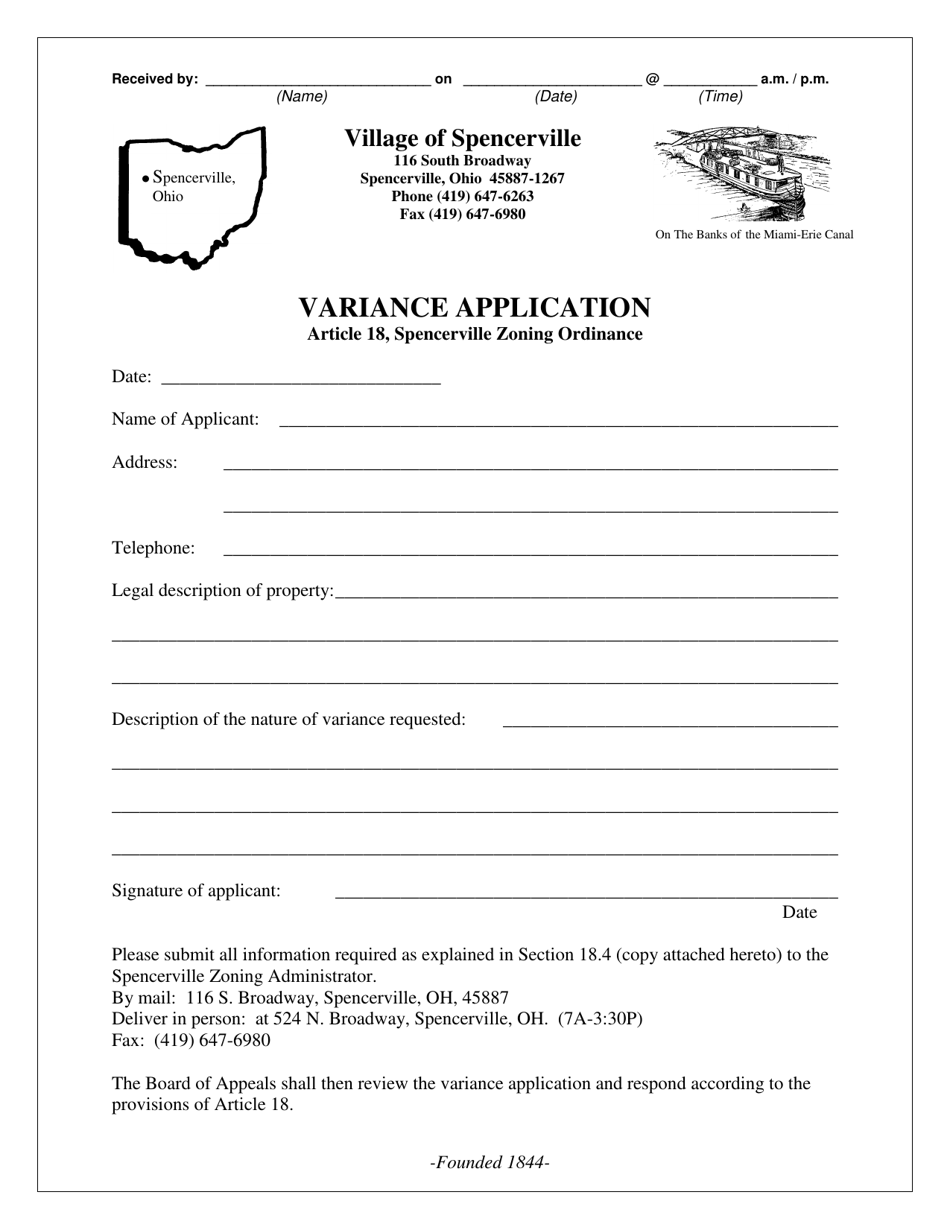 Village Of Spencerville Ohio Variance Application Fill Out Sign