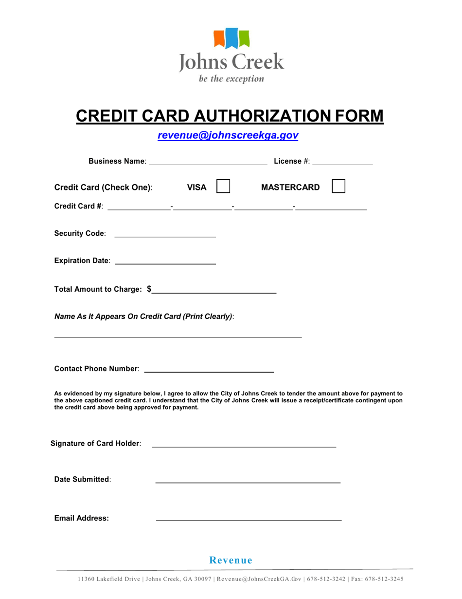 City Of Johns Creek Georgia United States Credit Card Authorization