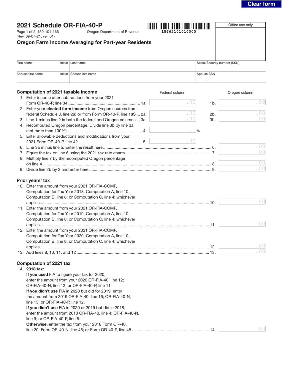 Form 150 101 166 Schedule OR FIA 40 P 2021 Fill Out Sign Online