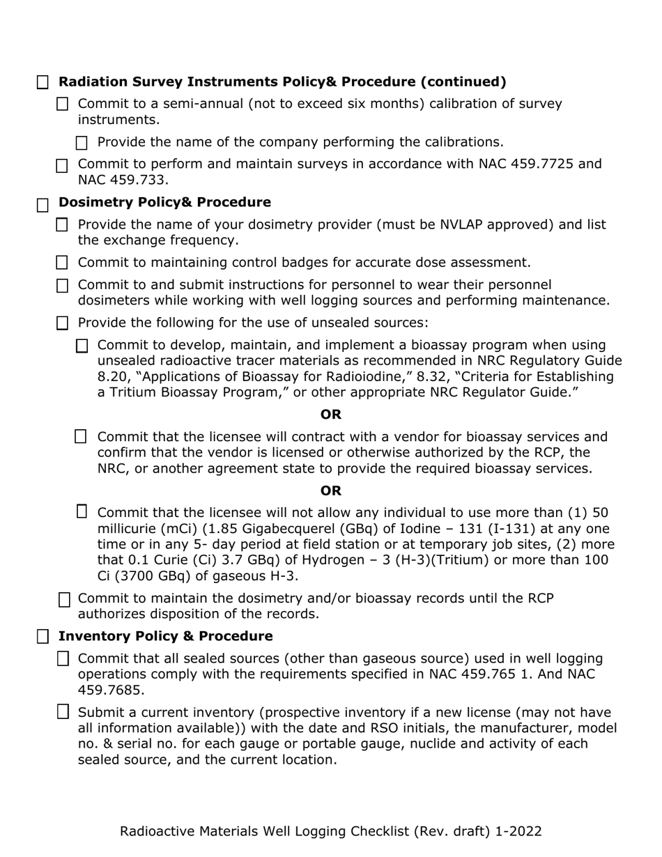 Nevada Radioactive Materials Ram Well Logging Licensing Checklist