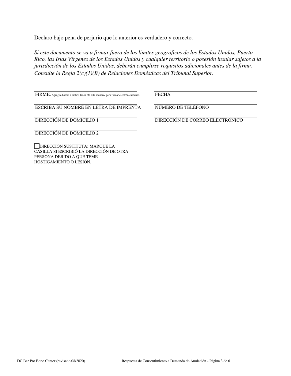 Washington D C Respuesta De Consentimiento A Demanda De Anulacion De