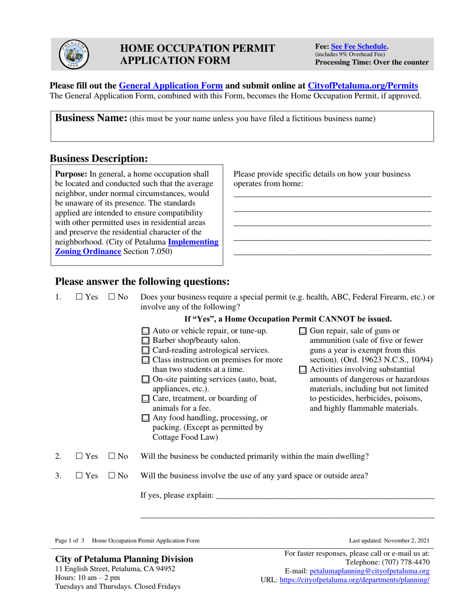 City Of Petaluma California Home Occupation Permit Application Form