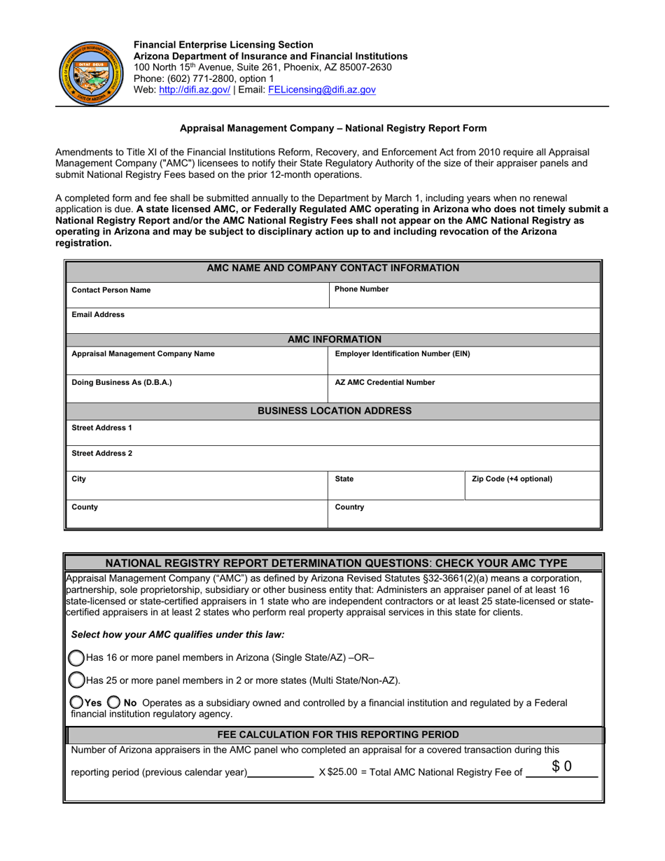 Arizona Appraisal Management Company National Registry Report Form