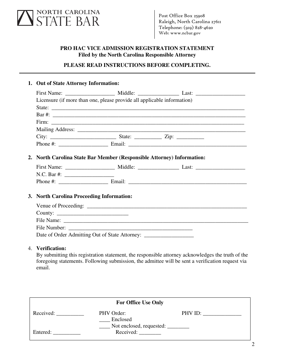 North Carolina Pro Hac Vice Admission Registration Statement Fill Out