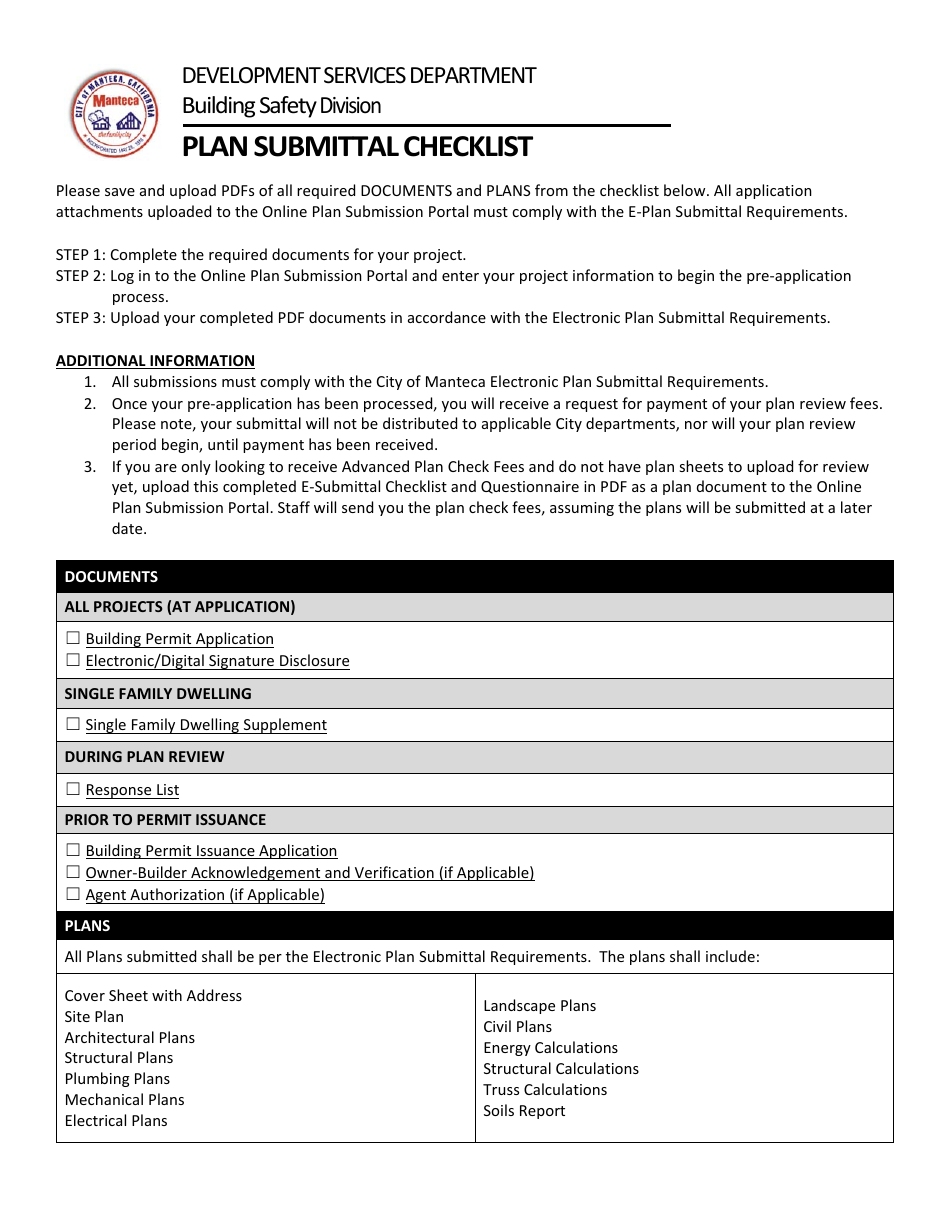 City Of Manteca California Plan Submittal Checklist Fill Out Sign