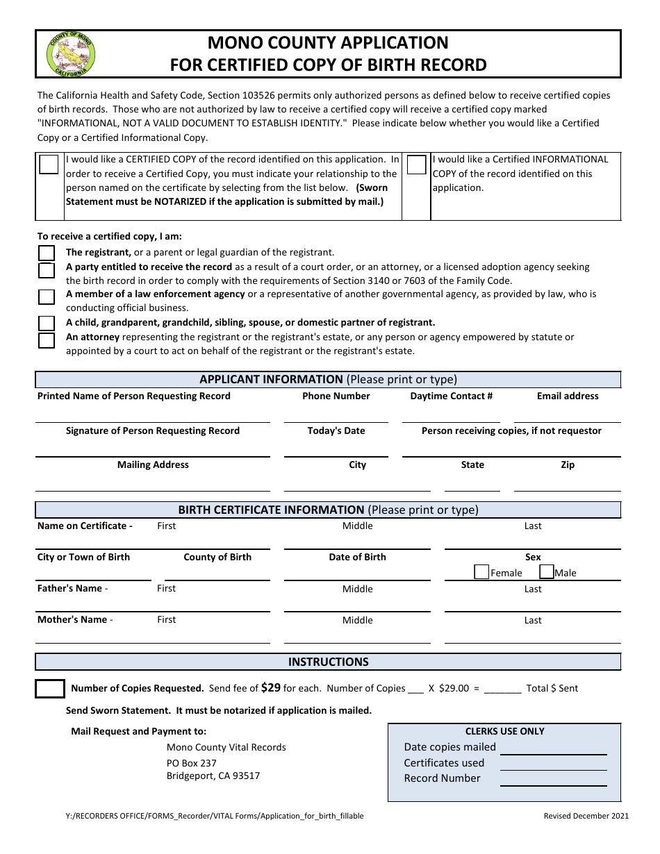 Mono County California Application For Certified Copy Of Birth Record