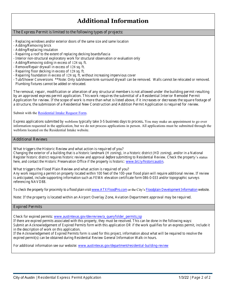 City Of Austin Texas Residential Express Permit Application Fill Out