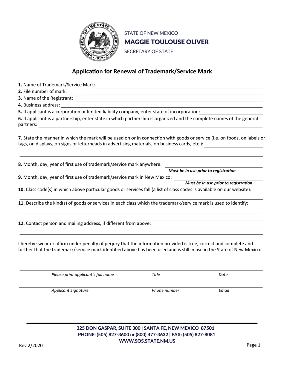 New Mexico Application For Renewal Of Trademark Service Mark Fill Out