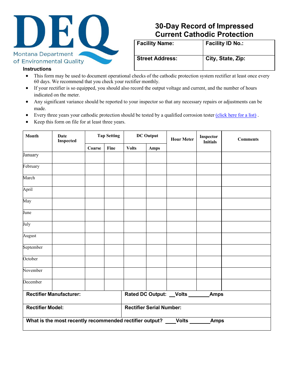 Montana 30 Day Record Of Impressed Current Cathodic Protection Fill