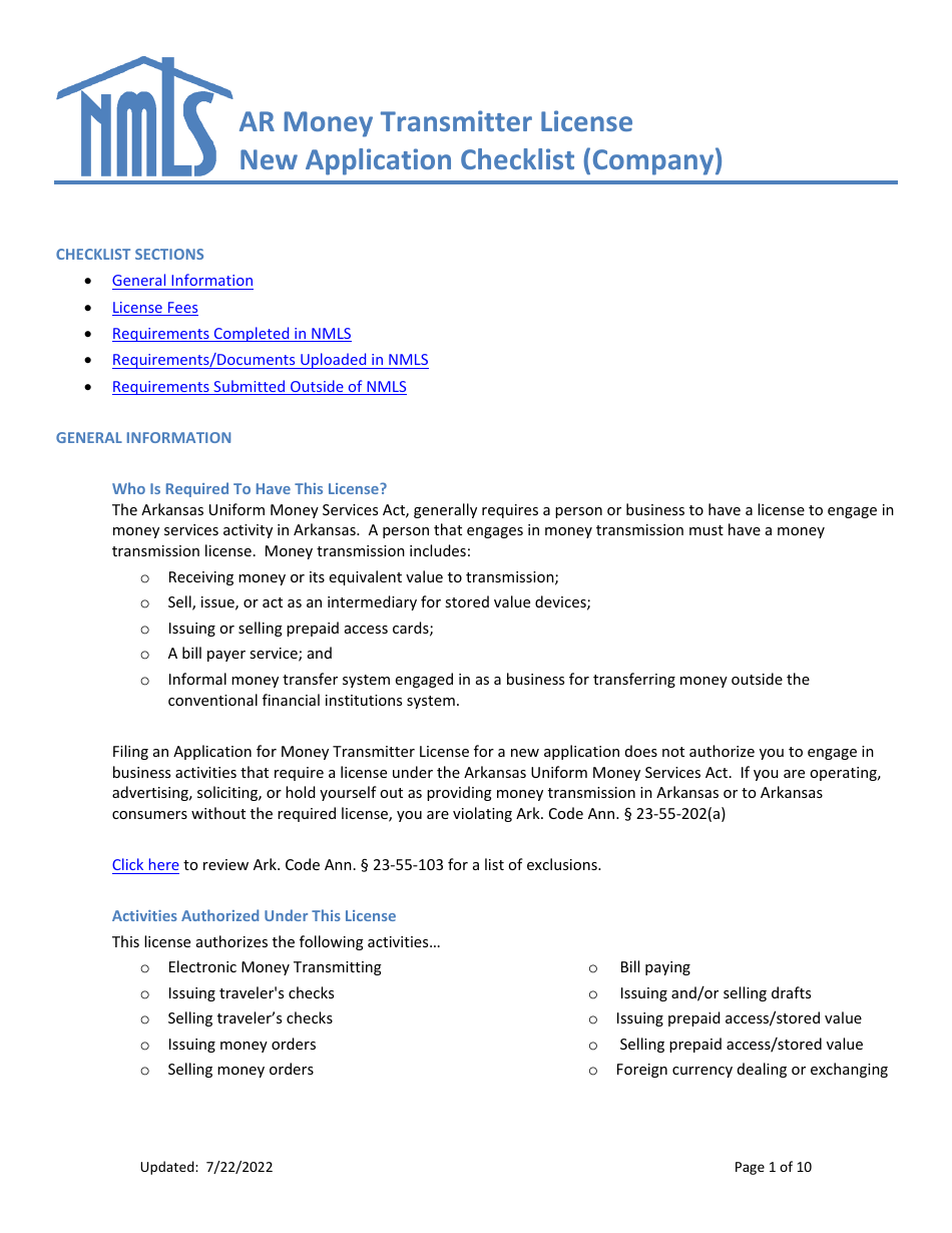 Arkansas Ar Money Transmitter License New Application Checklist