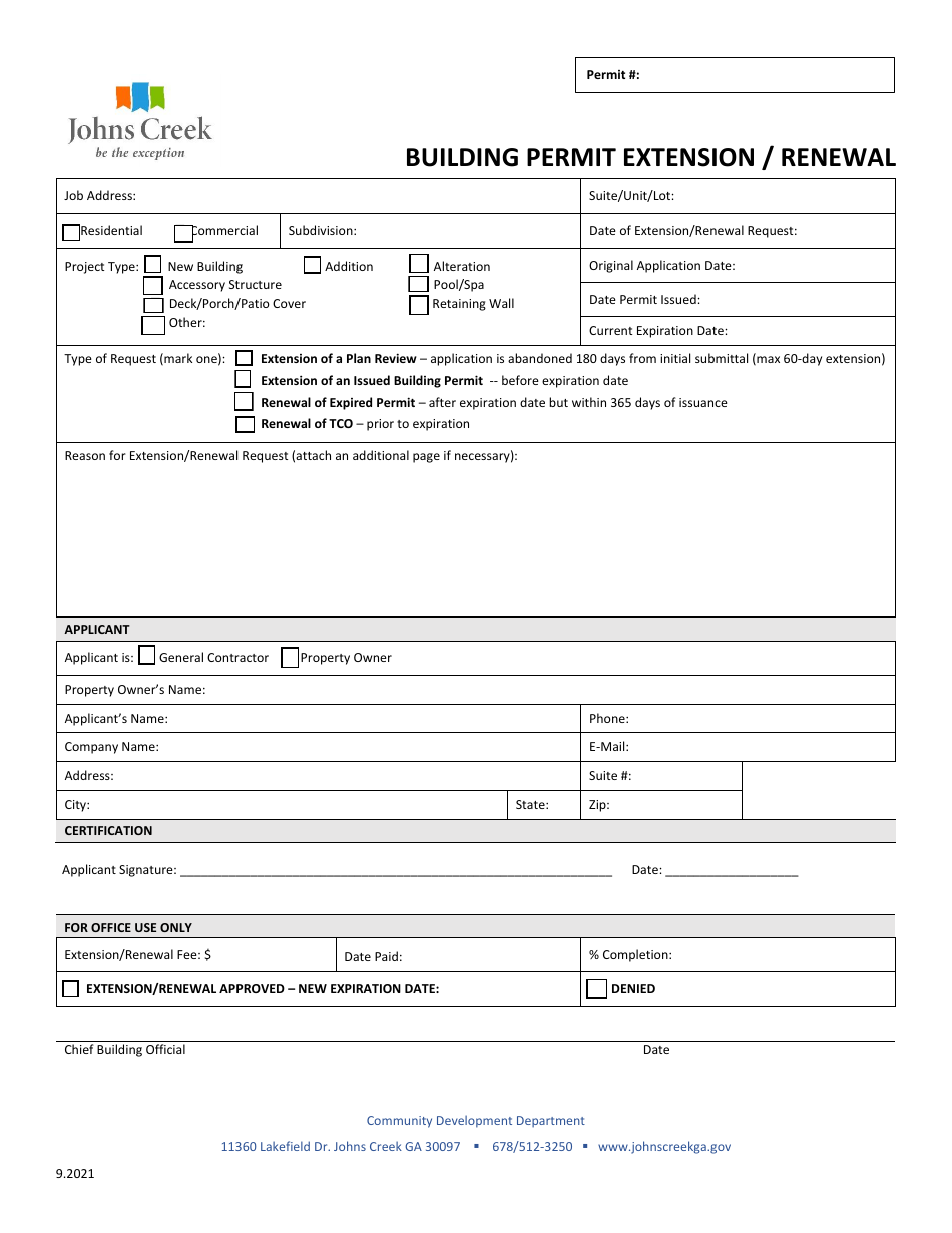 City Of Johns Creek Georgia United States Building Permit Extension