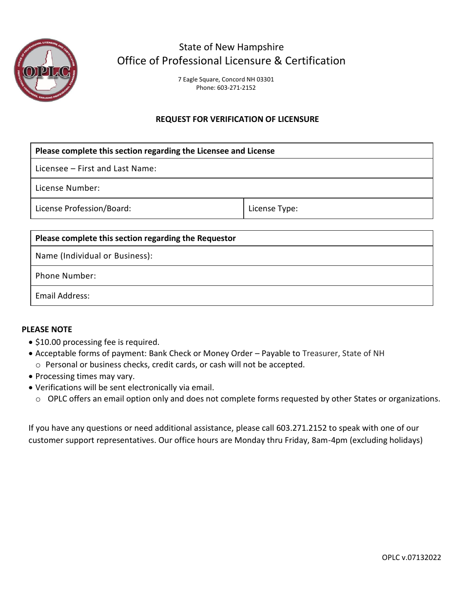 New Hampshire Request For Verification Of Licensure Fill Out Sign