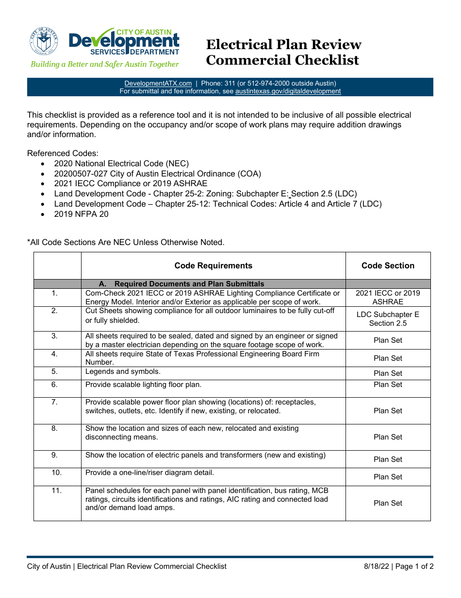 City Of Austin Texas Electrical Plan Review Commercial Checklist